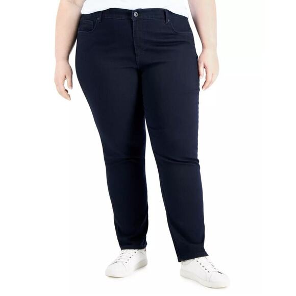 Style & Co Womens Dark Rinse Blue High-Rise Straight Leg Jeans Plus Size 24W NWT - Picture 1 of 6